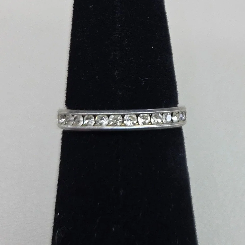 Silver Tone Crystal Eternity Band Ring Size 7.25 Channel Set Stacking Ring